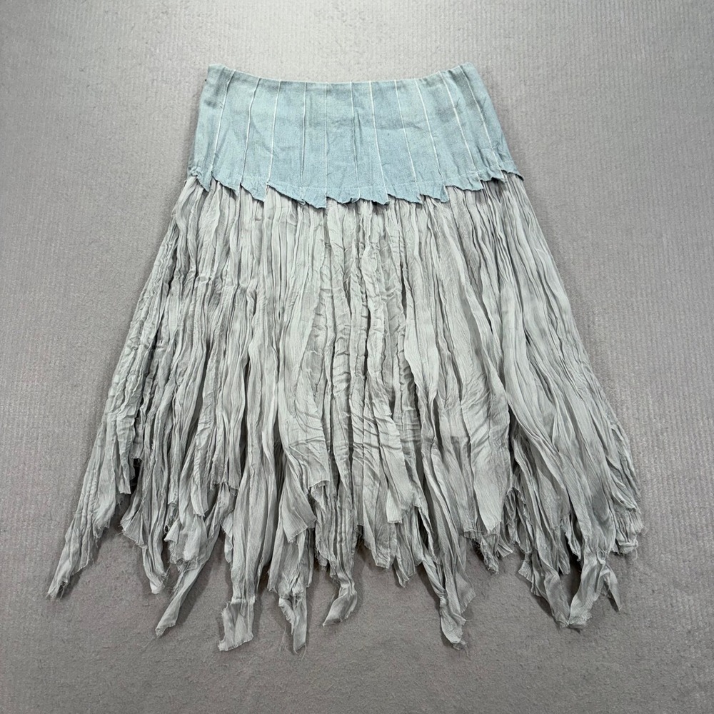 Ryu Mixed Media Midi Skirt Womens L Blue Grey Tattered Fringe Boho RS8223-F5P3
